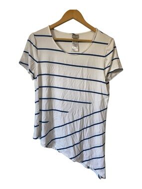 Chico's White and Blue Striped Asymmetric Tee size 1 or medium
